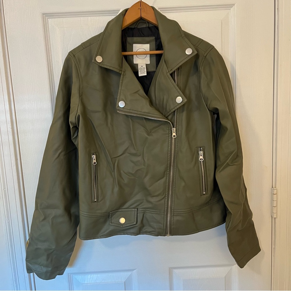 Vine and Valley Women’s Faux Leather Moto Jacket Green Winter Moss Size M